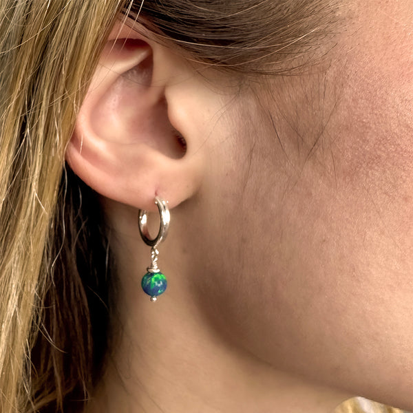 Silver Peacock Opal Bead Hoops