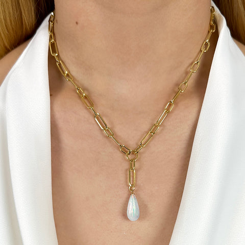 White Opal Teardrop Y Necklace
