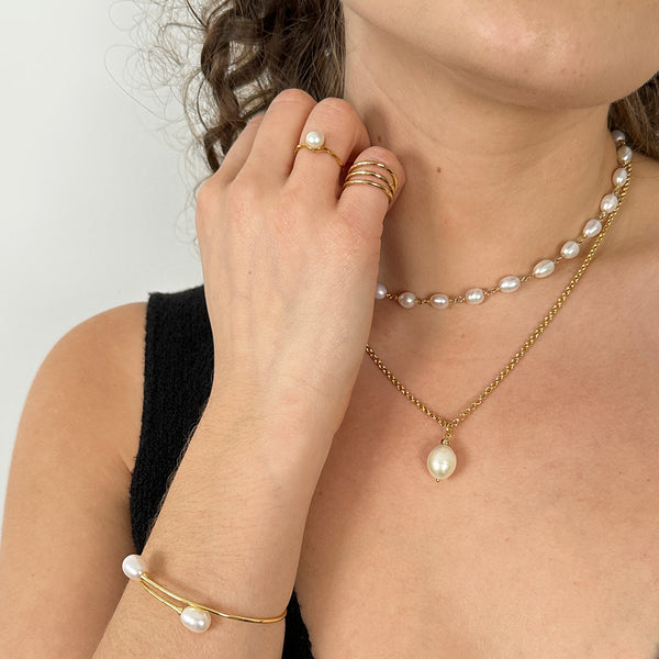 Rice Pearl Overlap Cuff Bracelet