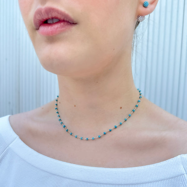 Silver Turquoise Rosary Chain Necklace