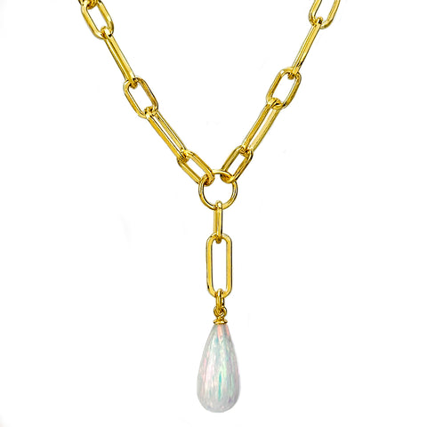 White Opal Teardrop Y Necklace