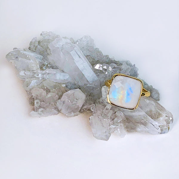 Rainbow Moonstone Cushion Ring