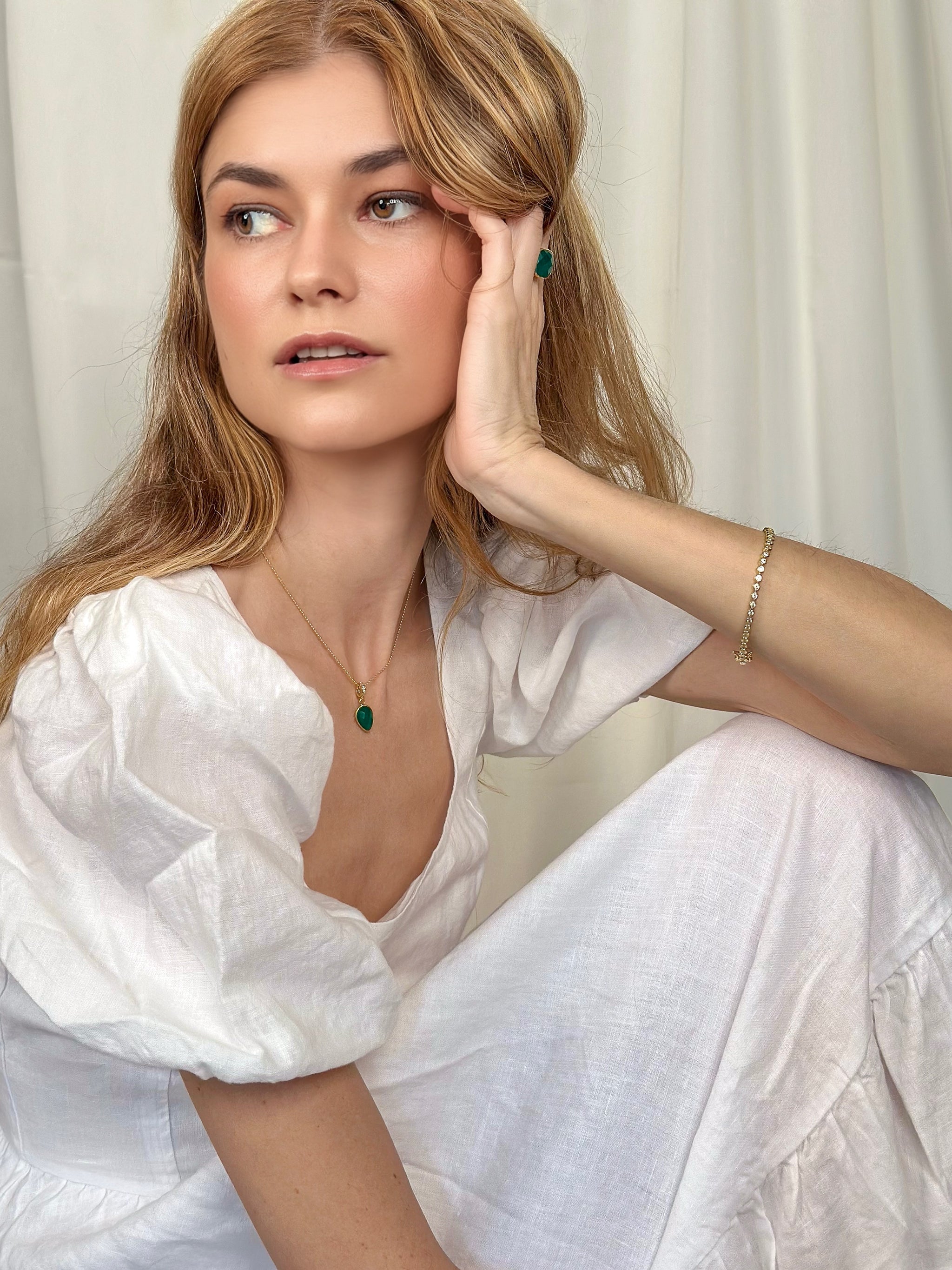 Model wearing our new Emerald Agate Romance necklace
