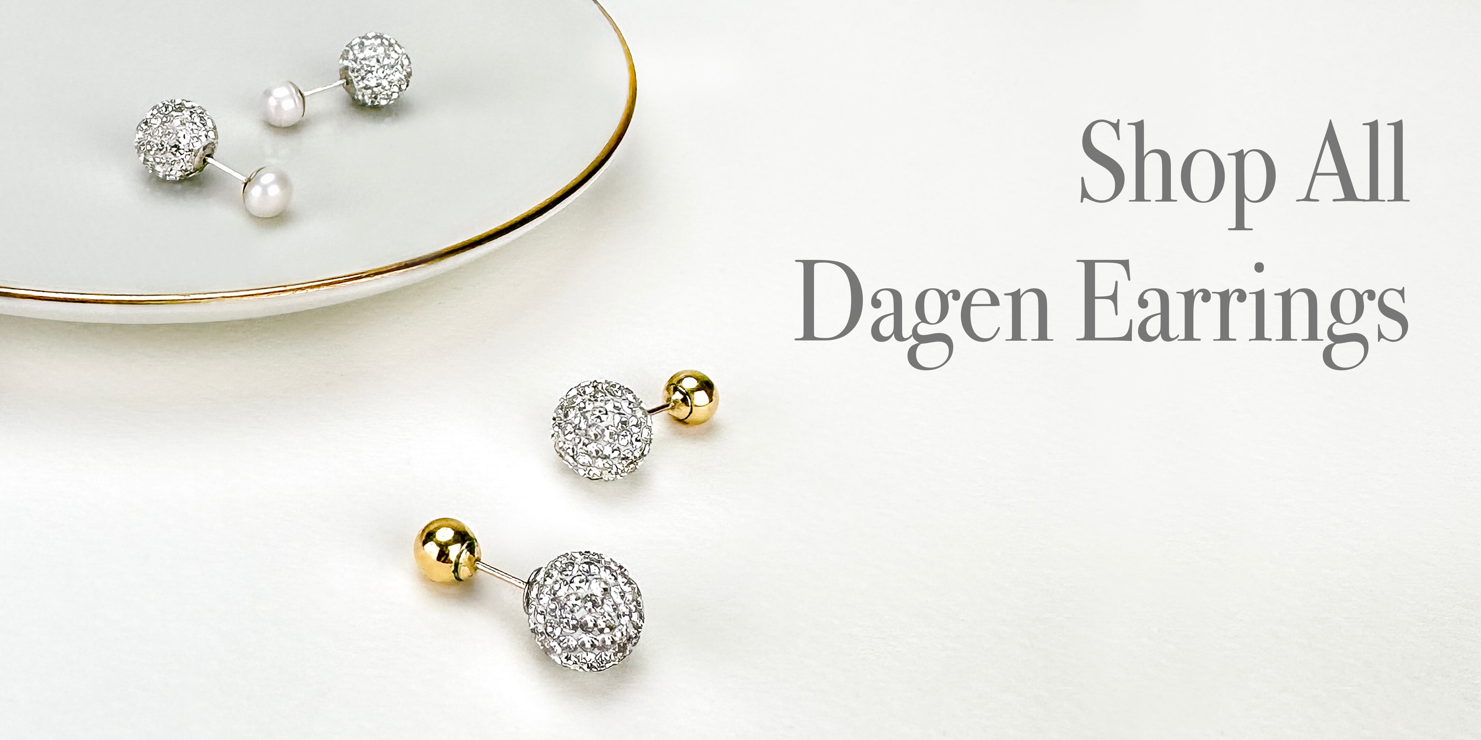 Shop all Dagen Earrings banner with image of gold and pearl Dagen earrings and link to shop all Dagen Earrings